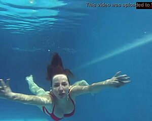 mia ferrari hot teen stuns in red lingerie by pool