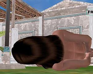 An animated 3D cartoon porn video shows a cute girl on the ground. She masturbates using a cucumber outdoors.