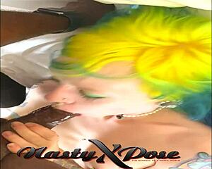 Skinny petite woman engages in interracial oral activity.