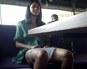 My stepsis lost a bet. Now she shows her pussy in public at a restaurant.