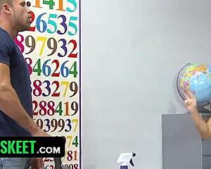 Teen 18+ receives cum in mouth during banging session in classroom