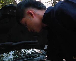 Nympho Fucks Her Lover And Mechanic In Public