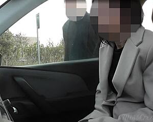 French Wife Bent Over in Public Car Parking Gets Nude with Voyeur Jerking Off After Work