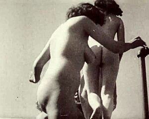 Vintage taboo scene hints at steamy doggystyle action with hairy charm outdoors.