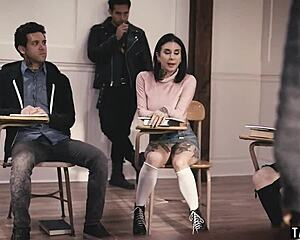 Emo student gets pussy licked and anal fucked after class.