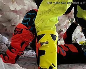 Watch these gay bikers in motocross costumes treading boots in this intense scene?