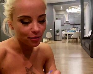Beautiful blonde gives Leo a sloppy blowjob and handjob