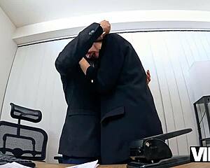 Married woman shares her husband’s office for some hot sex with his colleagues