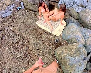 during my beach trip, i caught two girls flashing for a hot handjob in parking