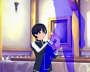 in a wild scene, kirito from sword art online gets a handjob in japanese yaoi anime.