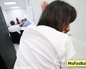 Busty brunette office milf Sasha Pearl works Parker Ambrose’s huge dick during break.