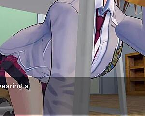 Karin, under the desk in a school blazer, loving it!