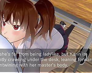 Karin, under the desk in a school blazer, loving it!