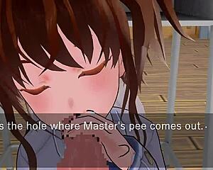 Karin, under the desk in a school blazer, loving it!