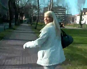 Wow, German blonde teenslut strips bare in public streets!