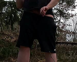 Chubby exhibitionist masturbates outdoors in the forest