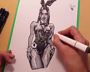 Hot sketch of a sexy brunette girlfriend in latex on paper