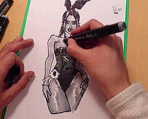 drawn hot sexy girl in latex bent over for anal fucking