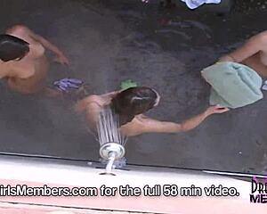 Dream girls getting naked and hot by the pool at a spring break party