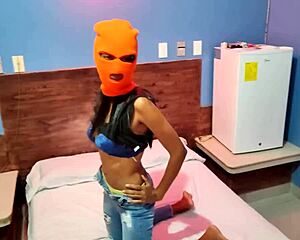 my brunette stepsister wanted a sexy halloween in a hotel, masked and naked, shaking her hips for me