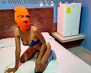 my brunette stepsister wanted a sexy halloween in a hotel, masked and naked, shaking her hips for me