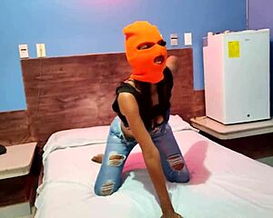 my brunette stepsister wanted a sexy halloween in a hotel, masked and naked, shaking her hips for me