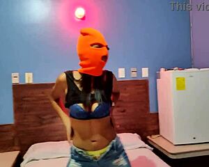 my brunette stepsister wanted a sexy halloween in a hotel, masked and naked, shaking her hips for me