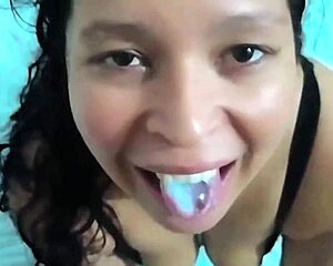 milf swallows cum while cuckold watches her solo play