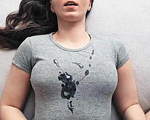 A huge load covers my brand new gray T-shirt, a homemade amateur video