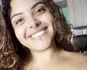 taking coffee naked with big breasts talking to camera