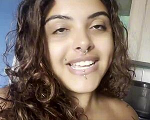 taking coffee naked with big breasts talking to camera