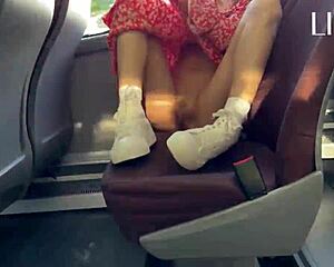 hot woman flaunts her body and teases herself on a public bus.