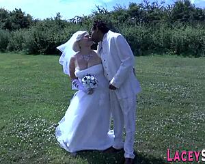 A mature woman in a wedding dress rode a strong cock of a groom