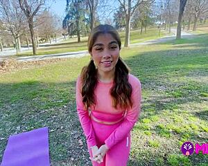 Chubby fan nails Peruvian actress at park gym, filling her with milk doggystyle!