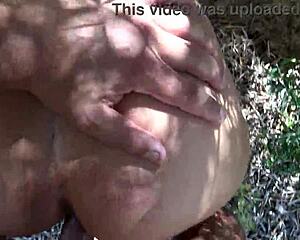 amateur milf pissing and fucking outdoors, getting creampied in public with hairy beaver