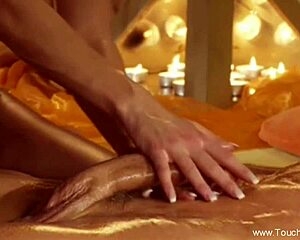 Exotic blondie with beautiful breasts massages the cock