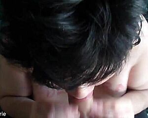 Belle ejaculation on the big tits of bitch Marie. Totally explosive!