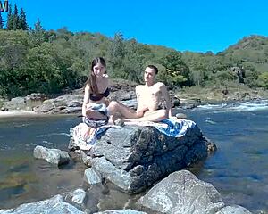 Hot Latina couple screams during risky public sex on beach and bus, huge cumshot.