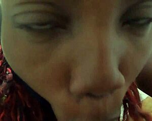 Hot ebony teen wears ski mask, delivers wet, messy blowjob