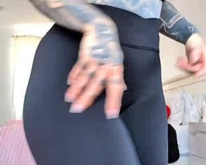 Milf in sheer leggings shows off huge tits and ass close-up