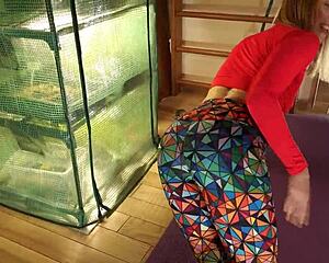 Amateur couple's homemade video features hard anal fucking in tight yoga pants, with sucking and anal creampie.