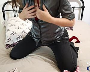 wow, french amateur in green leather pants and red satin bodysuit gets wild! doggy pov and ass licking! 🔥