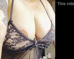 Blonde with big natural tits shows sexy body