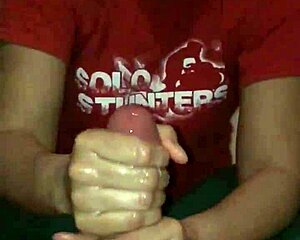 Big cock strokes huge load with intense handjob 😏