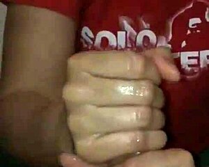 Big cock strokes huge load with intense handjob 😏