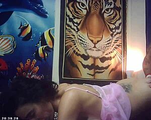 Behind the scenes cam captures slim brunette babe's first porn