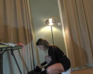 behind the scenes, a sexy college girl arrives for casting, strips down, and teases with her panties and ass in a short dress