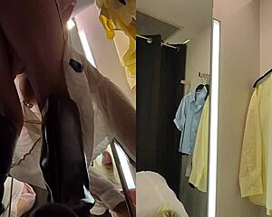 yo, check this upskirt view in a public fitting room on a blonde with big tits, so hot! 😍