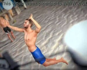 Petite redhead plays topless on the beach