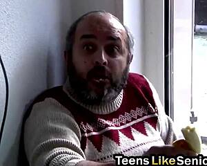 Nerdy Blonde Sucks Old Stud's Tiny Dick and Gets Licked